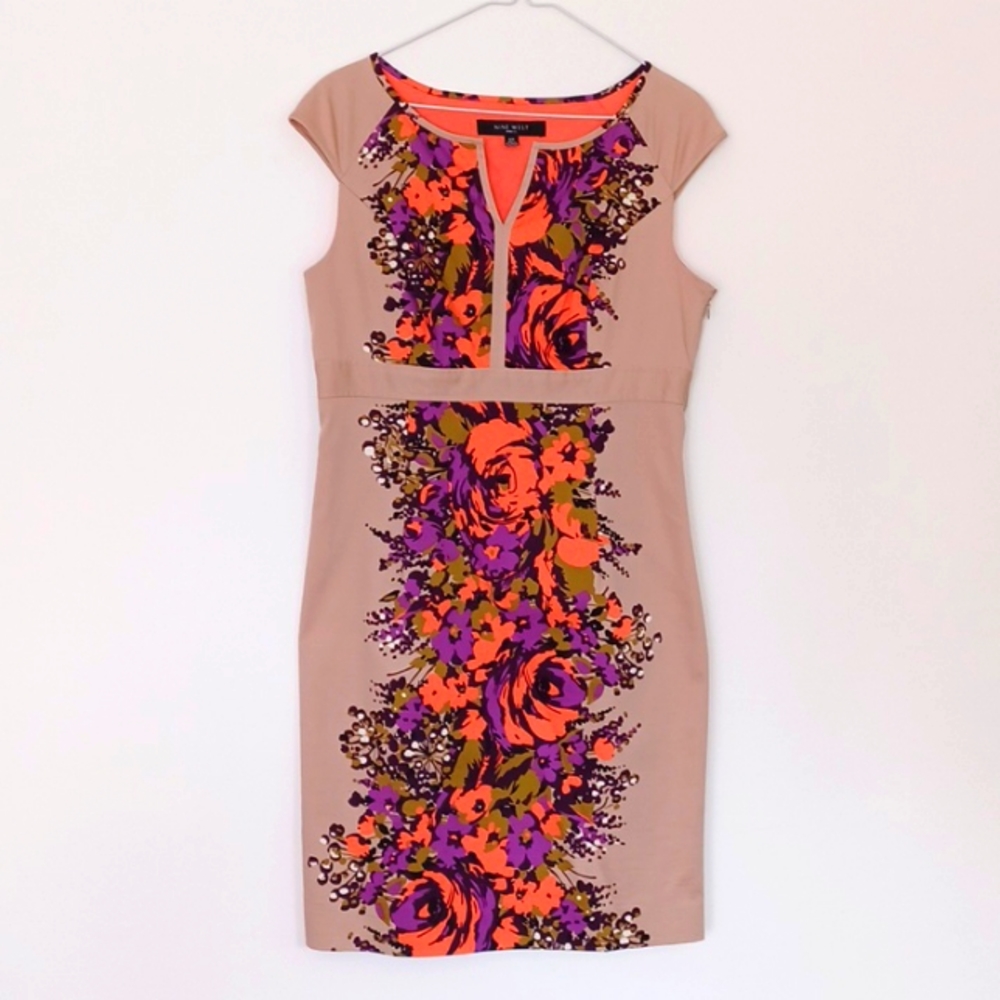 Nine West🧡 W-12P Tan & Bright Floral Cap Sleeve Lined Cotton Dress